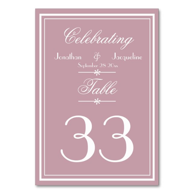 Dusty Pink Wedding Elegant Script Names Chic Table Number (Front)