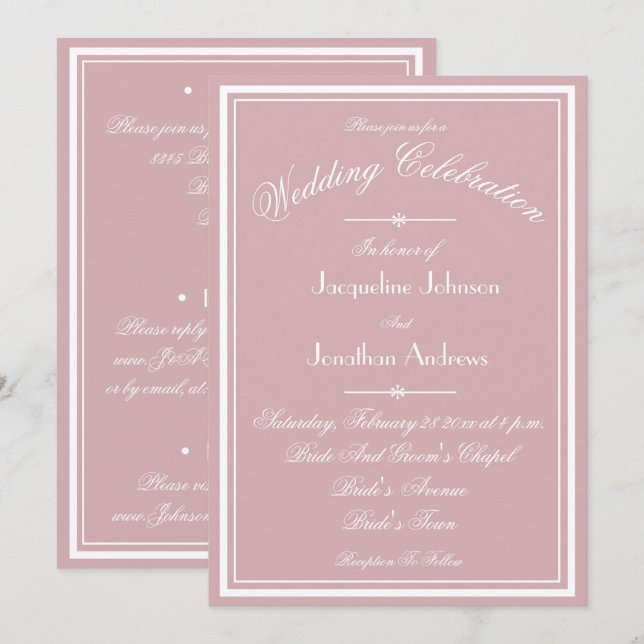 Dusty Pink Wedding White Script All In One RSVP Invitation (Front/Back)