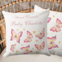 Dusty Pink White Baby Girl Name Butterfly Nursery Throw Pillow