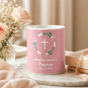 Dusty Pink White Cross Floral Crest Baptism Favor Coffee Mug
