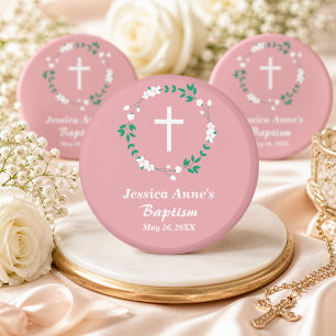 Dusty Pink White Cross Floral Crest Baptism Favor Magnet