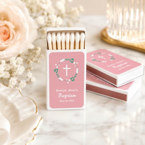 Dusty Pink White Cross Floral Crest Baptism Favor Matchboxes
