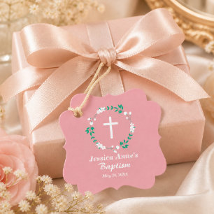 Dusty Pink White Cross Floral Crest Baptism Favor Tags