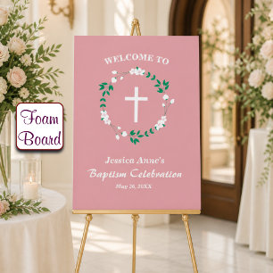 Dusty Pink White Cross Floral Crest Baptism Foam Board