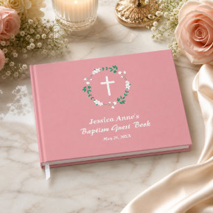 Dusty Pink White Cross Floral Crest Baptism  Guest Book