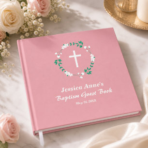 Dusty Pink White Cross Floral Crest Baptism  Guest Book