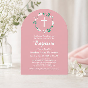 Dusty Pink White Cross Floral Crest Baptism Invitation