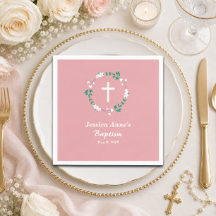 Dusty Pink White Cross Floral Crest Baptism Napkins