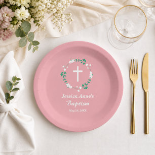 Dusty Pink White Cross Floral Crest Baptism  Paper Plates