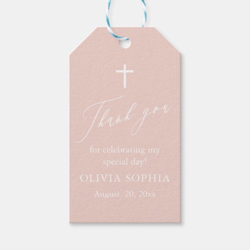 Dusty Pink White Cross Girl Baptism Favor Tags