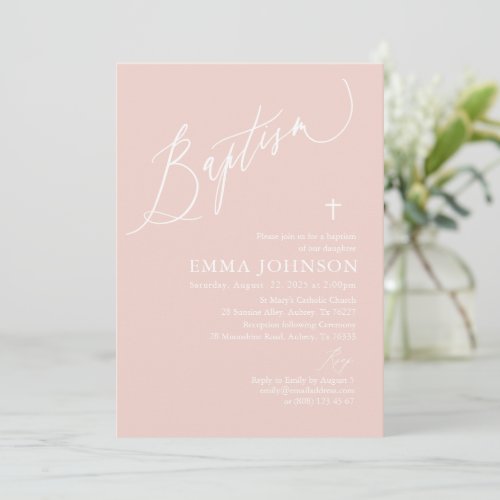 Dusty Pink White Cross Girl Baptism Invitation