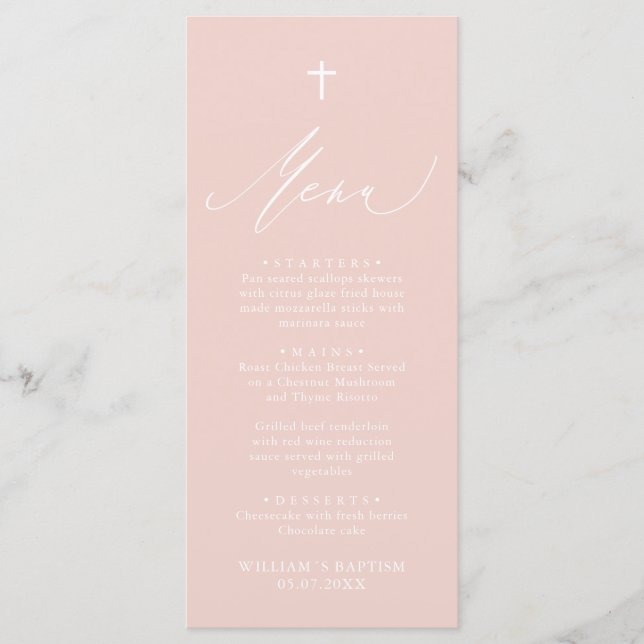 Dusty Pink White Cross Girl Baptism Menu Card (Front)