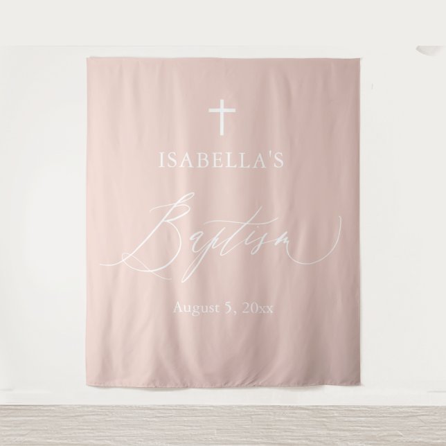 Dusty Pink White Cross Girl Baptism Photo Backdrop (Front)