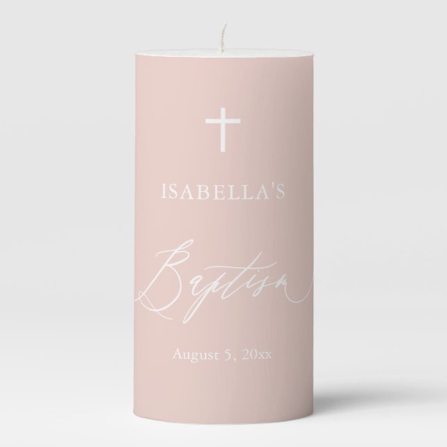 Dusty Pink White Cross Girl Baptism Pillar Candle (Front)