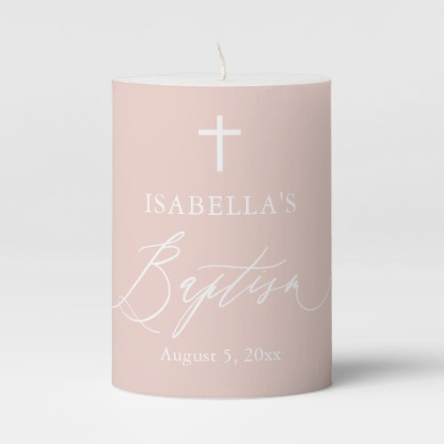 Dusty Pink White Cross Girl Baptism Pillar Candle