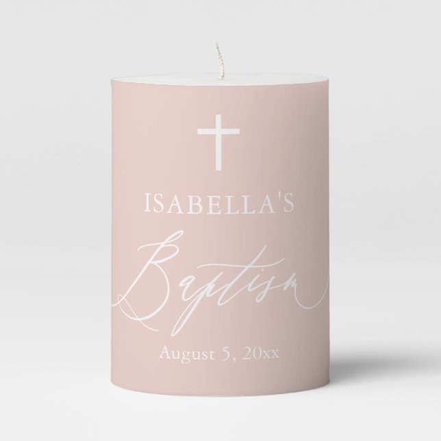 Dusty Pink White Cross Girl Baptism Pillar Candle (Front)