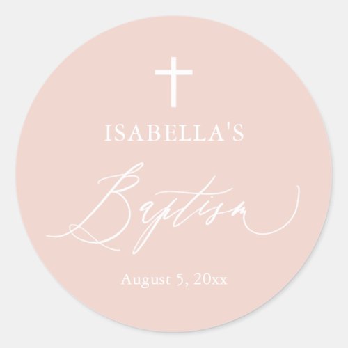 Dusty Pink White Cross Girl Baptism Round Sticker