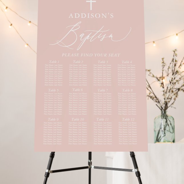 Dusty Pink White Cross Girl Baptism Seating Chart Foam Board (In Situ (Stand))