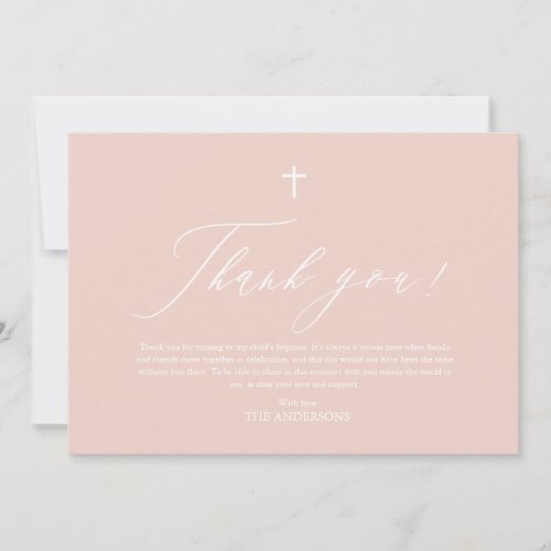 Dusty Pink White Cross Girl Baptism Thank You Card