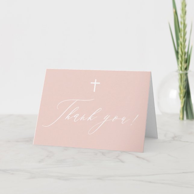 Dusty Pink White Cross Girl Baptism Thank You Card (Front)