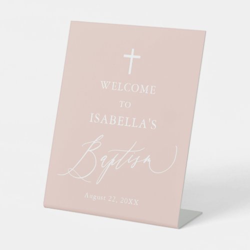 Dusty Pink White Cross Girl Baptism Welcome Sign