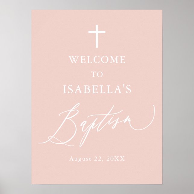 Dusty Pink White Cross Girl Baptism Welcome Sign (Front)