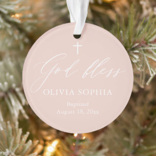 Dusty Pink White Cross Girl Photo Baptism Ornament