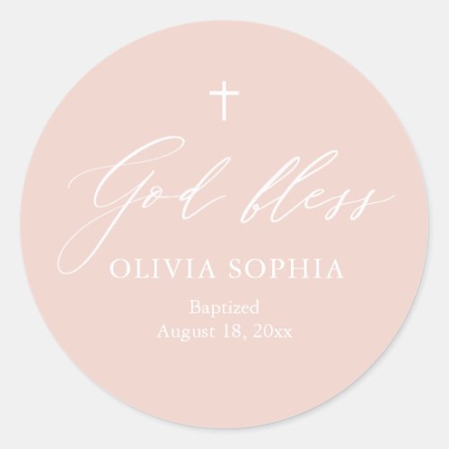 Dusty Pink White Cross Girl Religious Baptism Classic Round Sticker