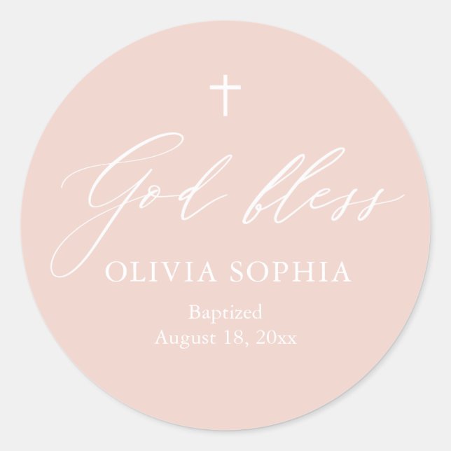 Dusty Pink White Cross Girl Religious Baptism Classic Round Sticker (Front)