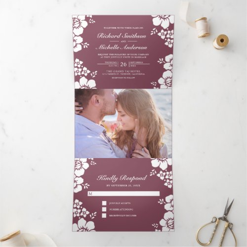 Dusty Pink White Floral All in One Photo Wedding Tri_Fold Invitation