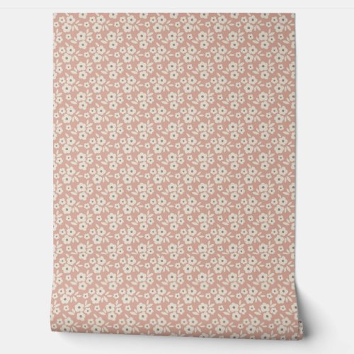Dusty Pink White Floral Pattern Wallpaper