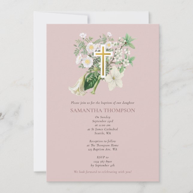 Dusty Pink White Floral Religious Cross Baptism  Invitation (Front)