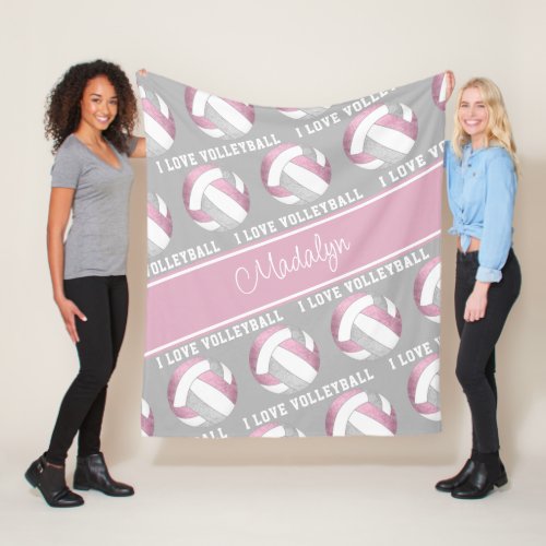 dusty pink white I love volleyball text pattern Fleece Blanket