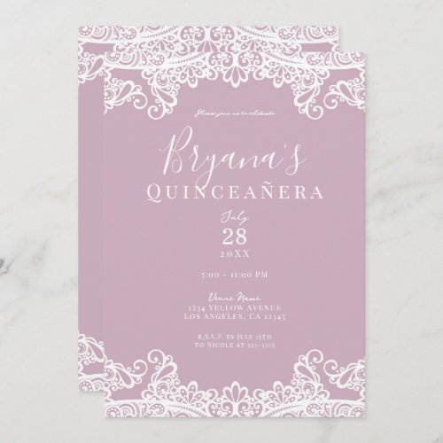 Dusty Pink White Lace Elegant Quinceaera Party    Invitation
