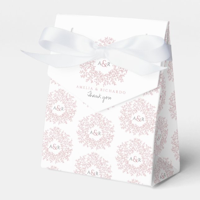 Dusty pink white leaf monogram wedding  favor box (Front Side)