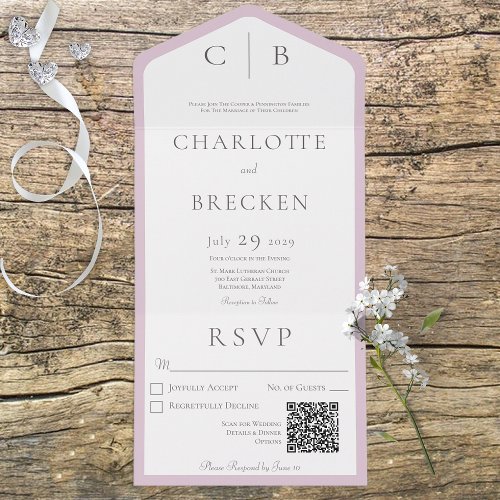 Dusty Pink  White Monogram Minimal QR Code All In One Invitation