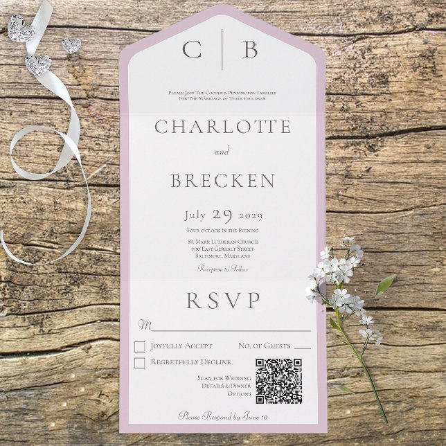 Dusty Pink & White Monogram Minimal QR Code All In One Invitation (Creator Uploaded)