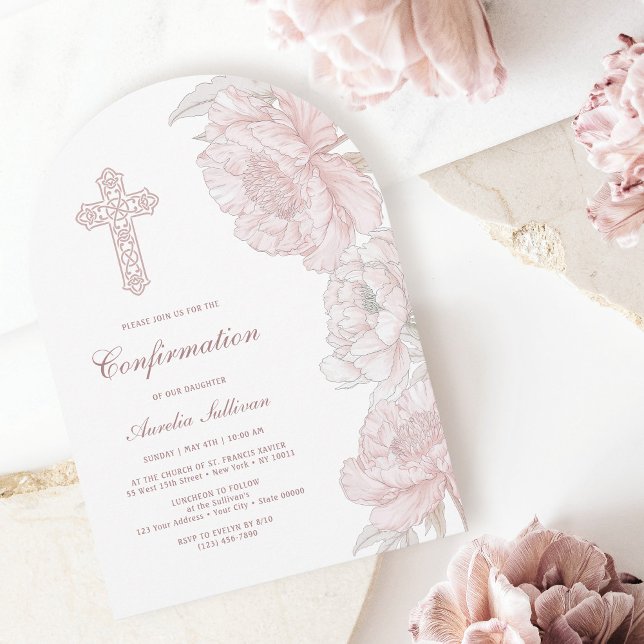 Dusty Pink White Peonies Arch Confirmation Invitation (Creator Uploaded)