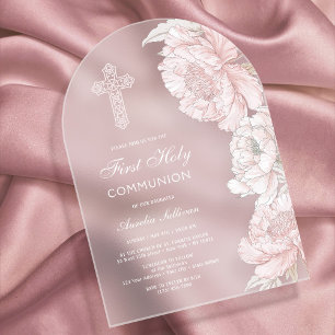 Dusty Pink White Peonies Arch First Communion Acrylic Invitations