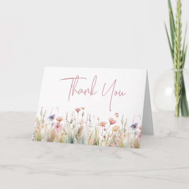 Dusty Pink Wild Flowers Bridal Shower Folded Thank You Card (Front)