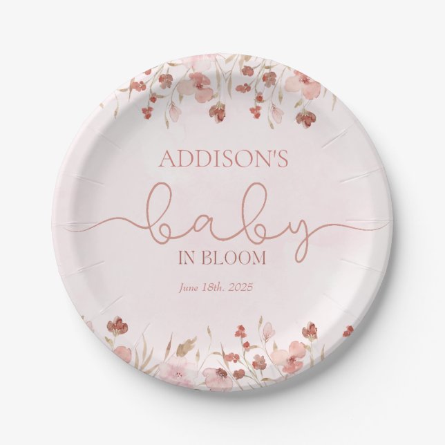 Dusty Pink Wildflower Baby in Bloom Girl Shower Paper Plates (Front)
