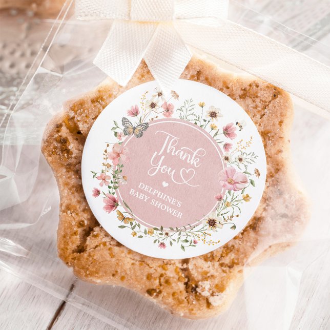 Dusty Pink Wildflower Butterfly Girl Baby Shower Classic Round Sticker (Creator Uploaded)