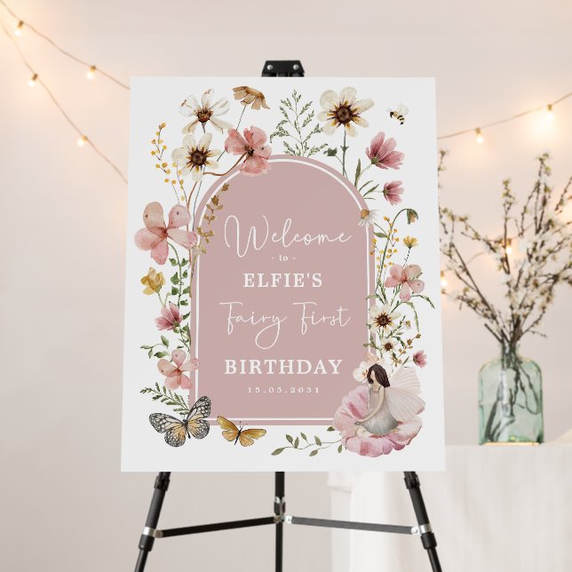 Dusty Pink Wildflower Fairy First Birthday Party Foam Board (In Situ (Stand))