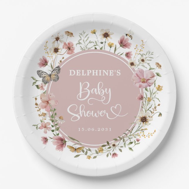 Dusty Pink Wildflower Garden Baby in Bloom Shower Paper Plates (Front)