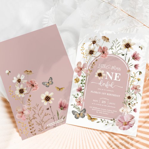 Dusty Pink Wildflower Miss Onederful 1st Birthday Invitation