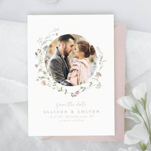 Dusty Pink Wildflower Rustic Boho Couples photo Save The Date
