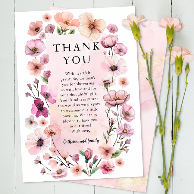 Dusty Pink Wildflower Thank You Card – Boho Waterc (Floral Thank You Flat Card)