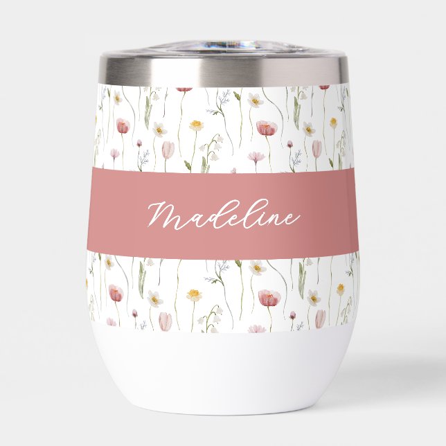 Dusty Pink Wildflower Watercolor Monogram Name Thermal Wine Tumbler (Front)