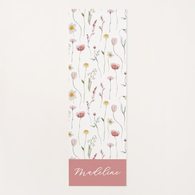 Dusty Pink Wildflower Watercolor Monogram Name Yoga Mat (Front)