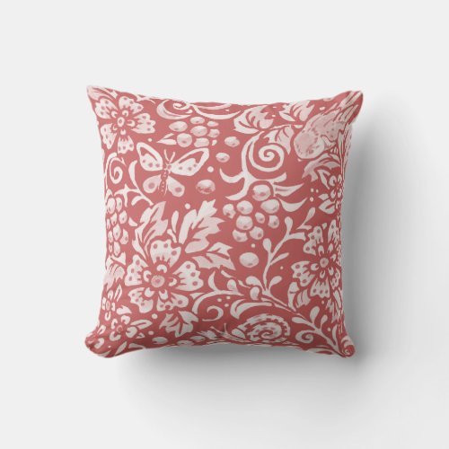 Dusty Pink Woodland Bird Butterfly Floral Damask Throw Pillow